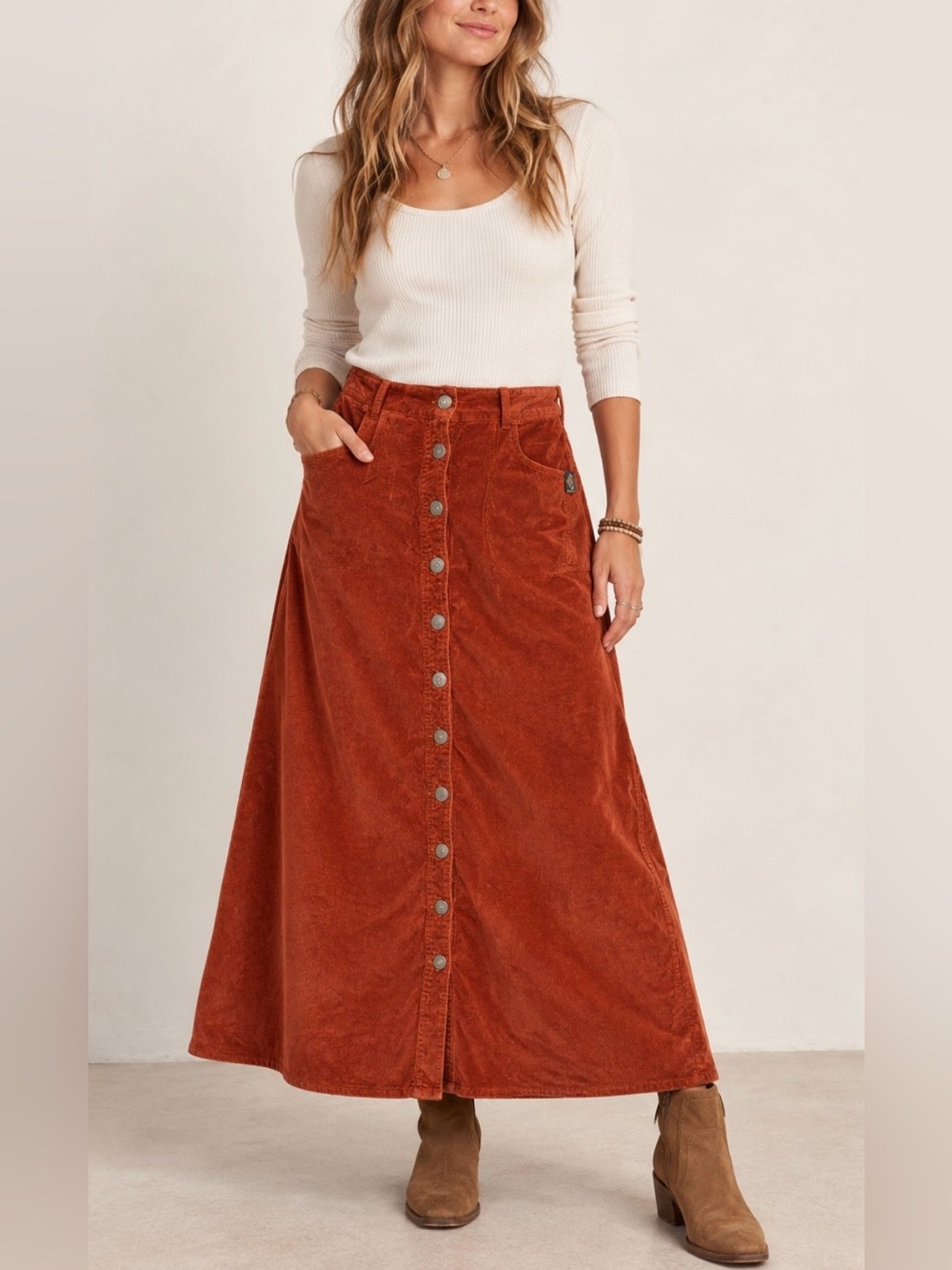 Vintage Roxy Burnt Orange Corduroy Maxi Skirt Button Front Boho Fall Size Medium